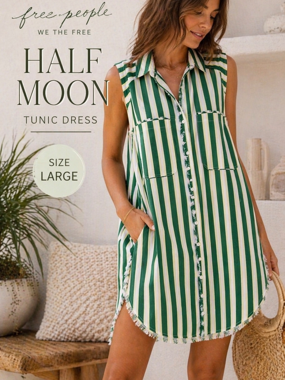 Free People Half Moon Tunic Dress Green Stripe Raw Hem Boho Large